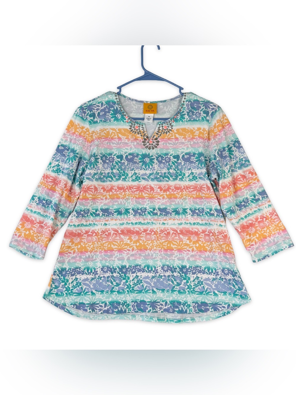 Ruby Rd Top Womens M Medium Watercolor Striped Embellished Notch V Neck